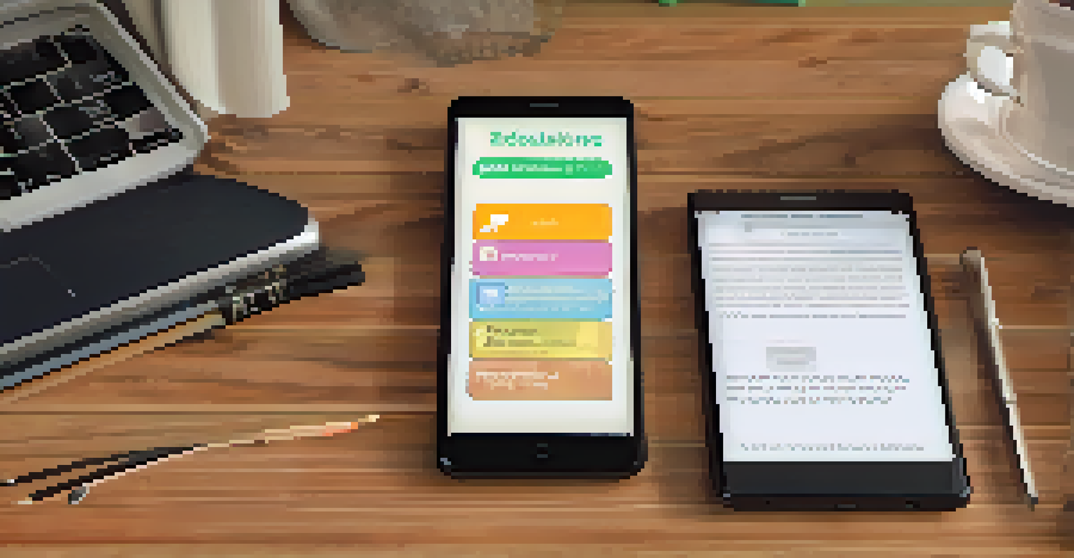 A smartphone showing an educational app, with a notebook and tea on a wooden table.