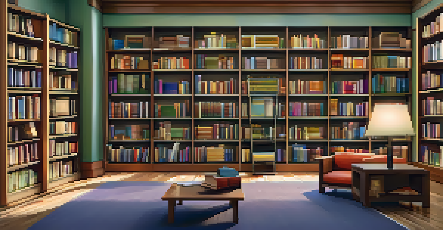 A school library filled with diverse books and students reading in cozy corners, illuminated by warm lighting.