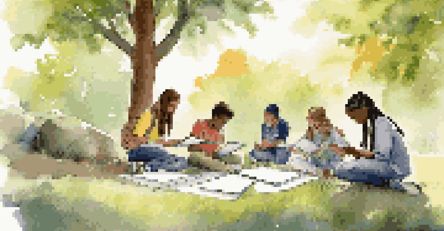 A group of students working together outside on an environmental project, surrounded by nature and using technology to enhance their learning experience.