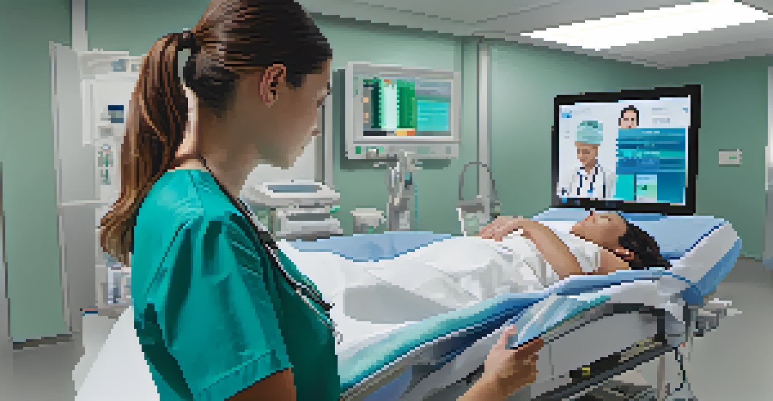 A nursing student practicing medication administration to a virtual patient displayed on a tablet in a simulated hospital room.