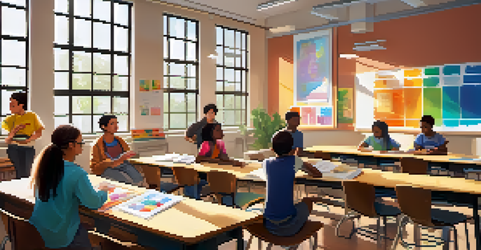 A diverse group of students working together on a project in a bright classroom, with a teacher facilitating their discussion.