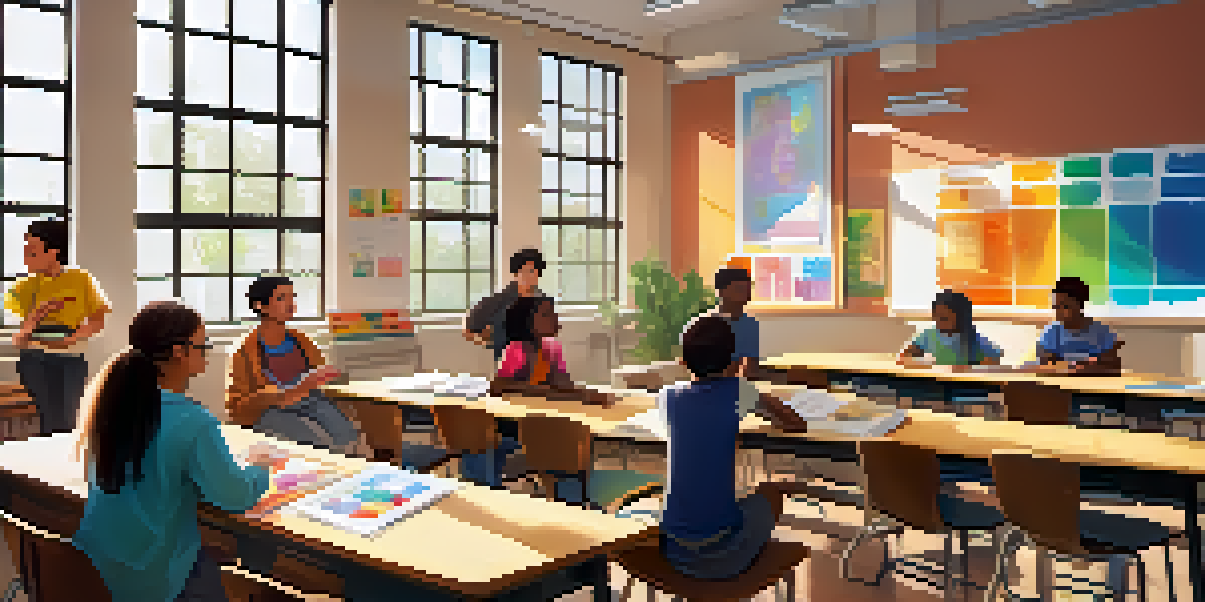 A diverse group of students working together on a project in a bright classroom, with a teacher facilitating their discussion.