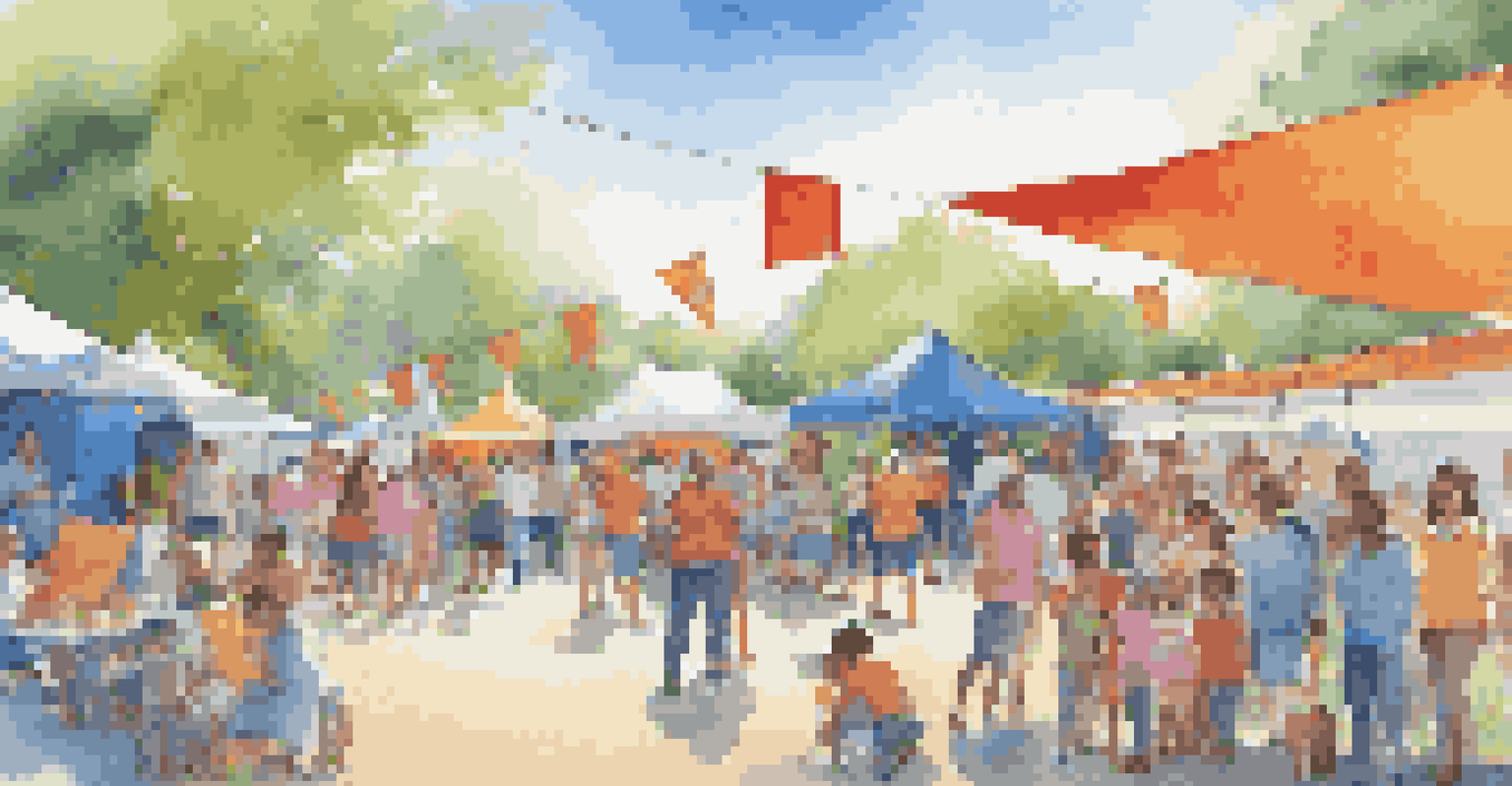 A community event with booths promoting digital rights awareness, families interacting, and children playing in the background under a sunny sky.