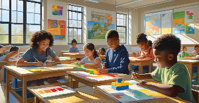 A diverse group of students in a colorful classroom collaborating on a project with blocks, illuminated by sunlight.