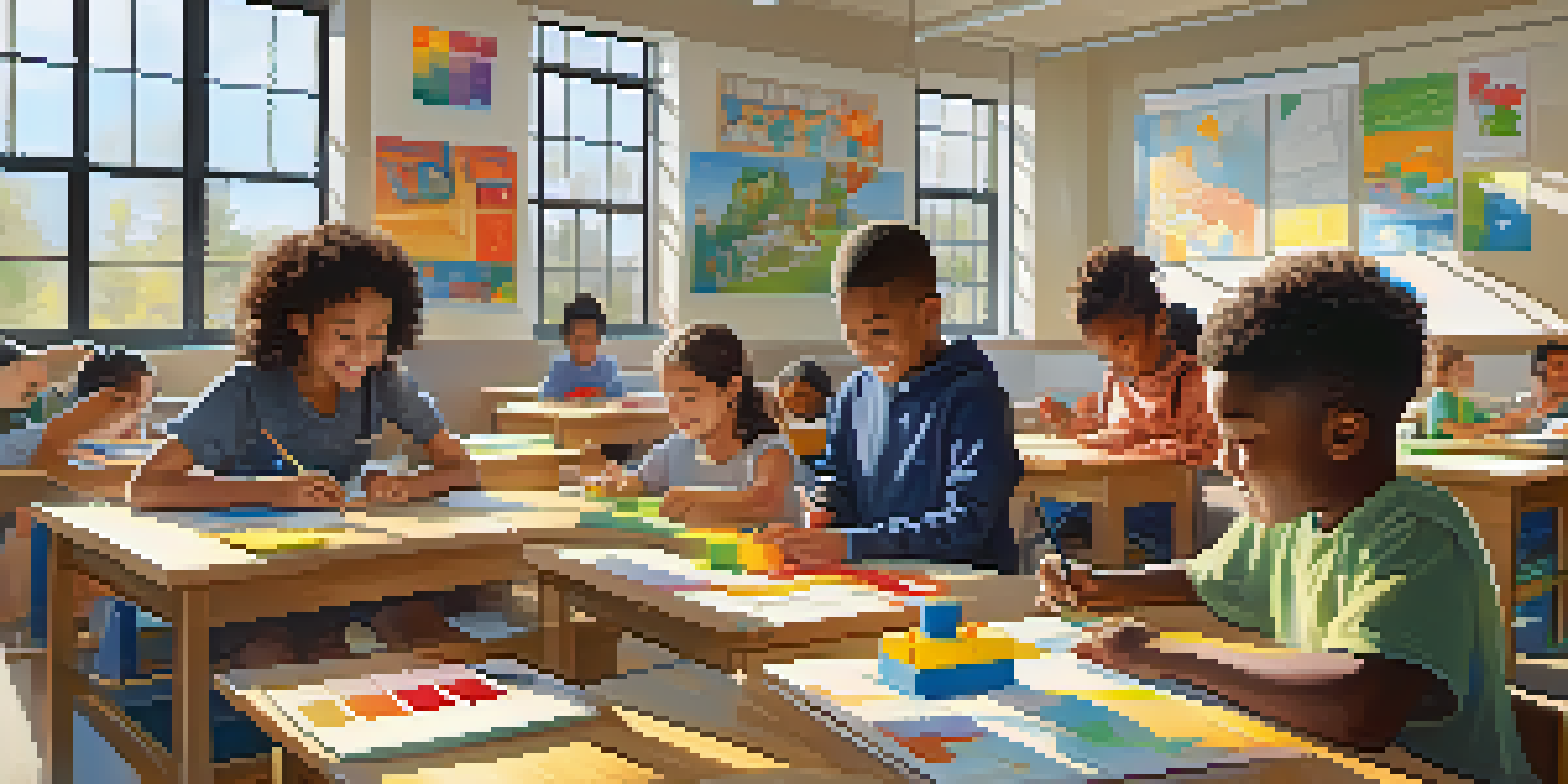 A diverse group of students in a colorful classroom collaborating on a project with blocks, illuminated by sunlight.