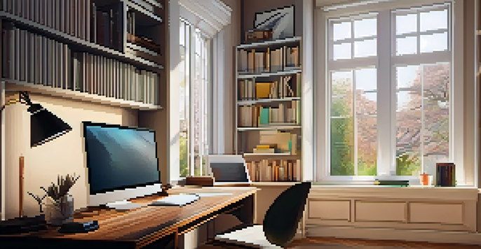 A cozy study room with bookshelves, a modern desk with a laptop, and a large window letting in natural light, filled with motivational quotes and artwork.