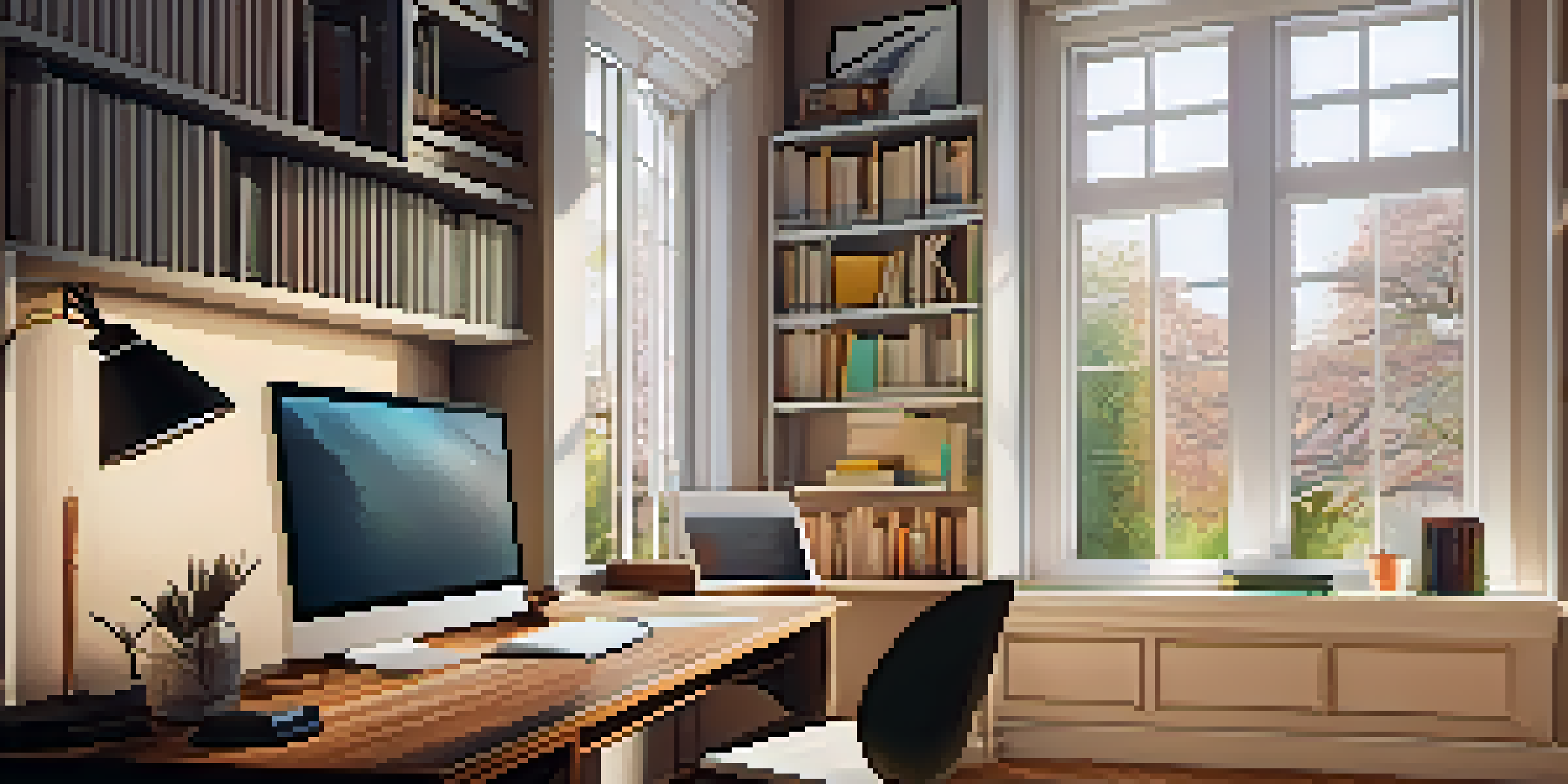A cozy study room with bookshelves, a modern desk with a laptop, and a large window letting in natural light, filled with motivational quotes and artwork.