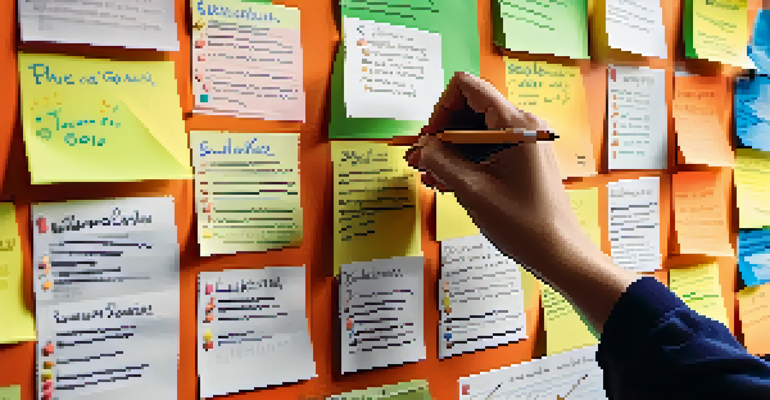 A close-up of a teacher's hands writing on a goal-setting chart, surrounded by colorful post-it notes and a bulletin board filled with student work.