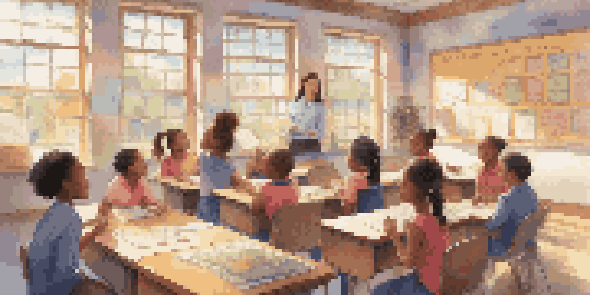 A classroom with a teacher and diverse students engaged in a vocabulary lesson, surrounded by colorful educational posters and sunlight streaming through the windows.
