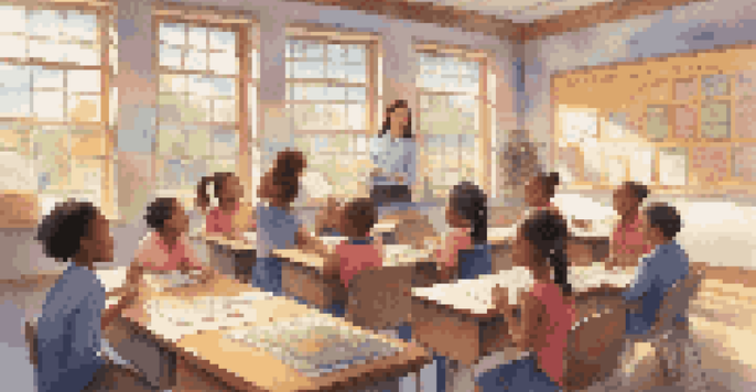 A classroom with a teacher and diverse students engaged in a vocabulary lesson, surrounded by colorful educational posters and sunlight streaming through the windows.