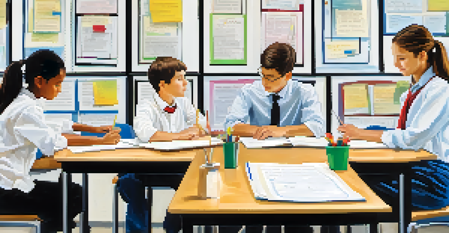 A split image of a teacher assessing student work and students taking a test.