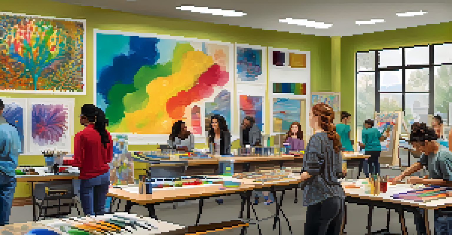 An instructor leading a hands-on workshop in a community center with adult learners engaged in creative projects surrounded by colorful artwork.