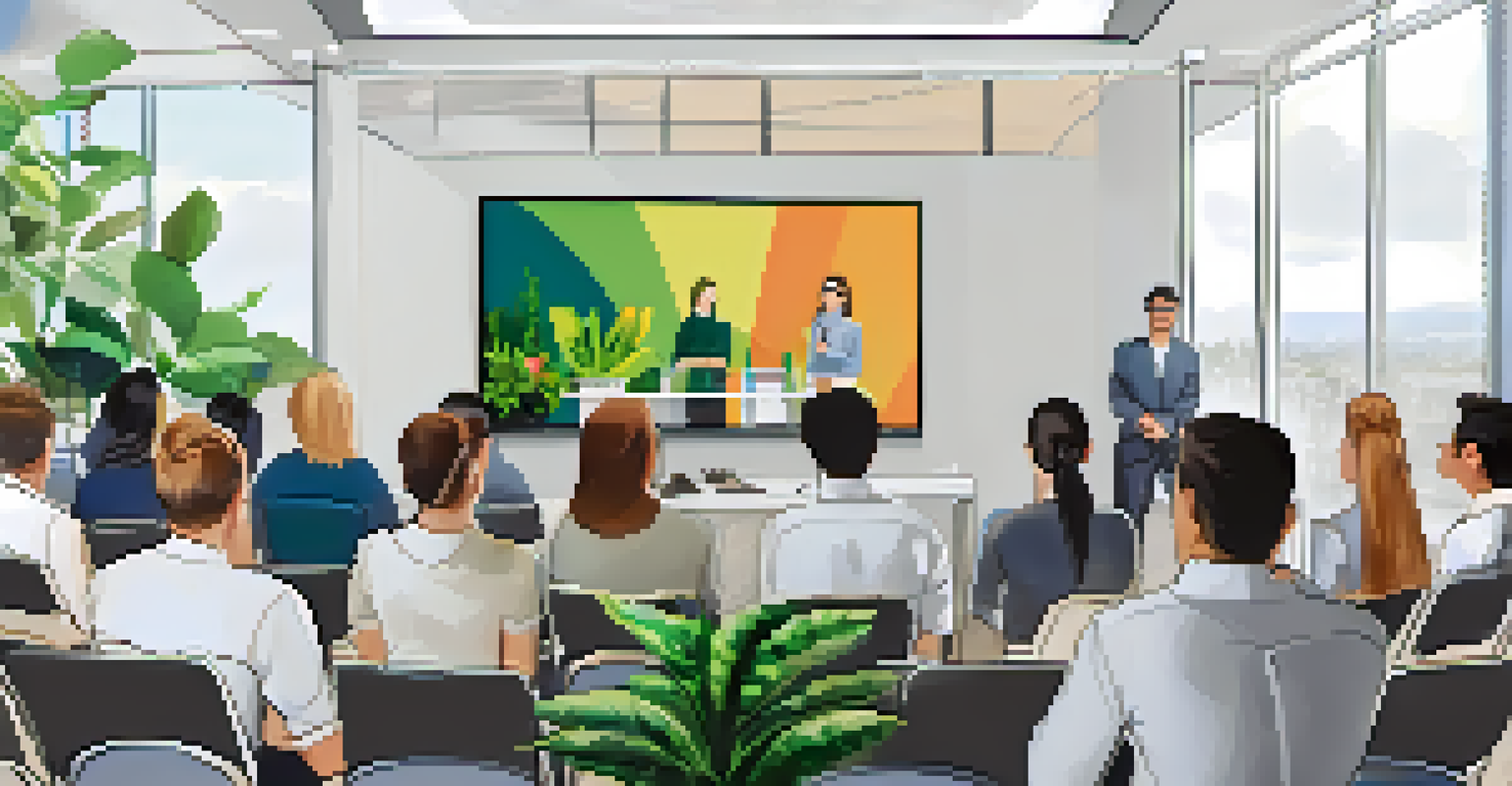 Students presenting a marketing project to local business owners in a professional setting, with a large screen and an engaged audience.