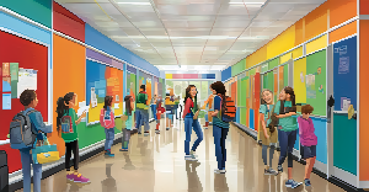 A busy school hallway filled with students discussing projects, with colorful displays of student work and achievements.