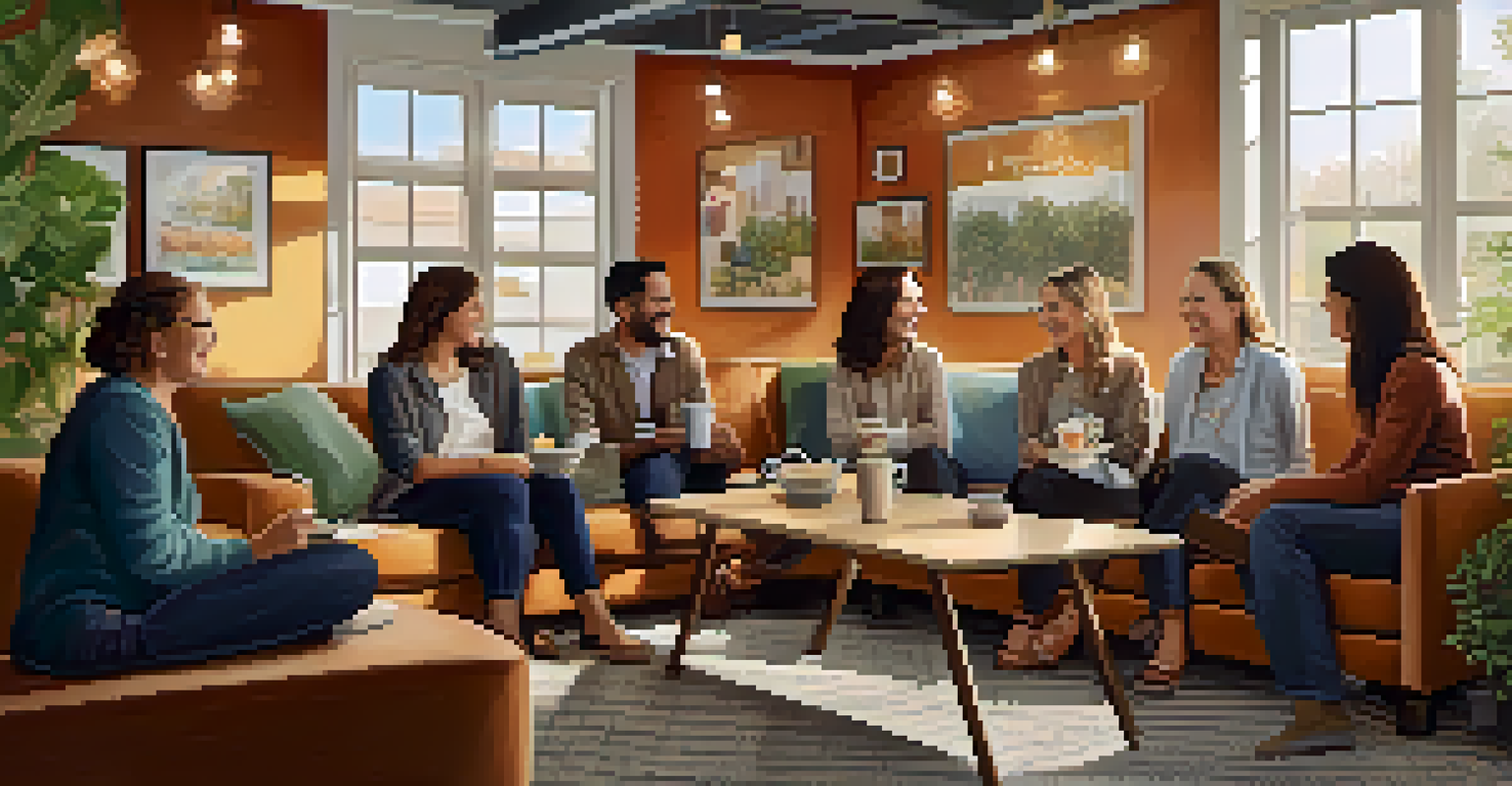 Several teachers enjoying coffee and laughter in a comfortable lounge, surrounded by plants and inspirational decor.