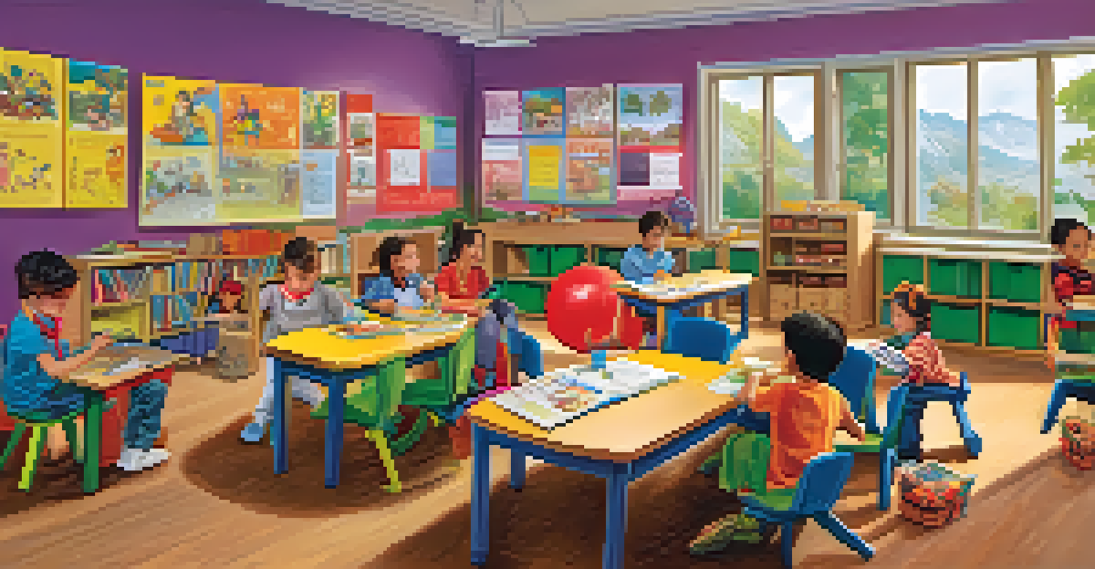 Children in a classroom engaged in role-playing activities, dressed in costumes and collaborating on projects.