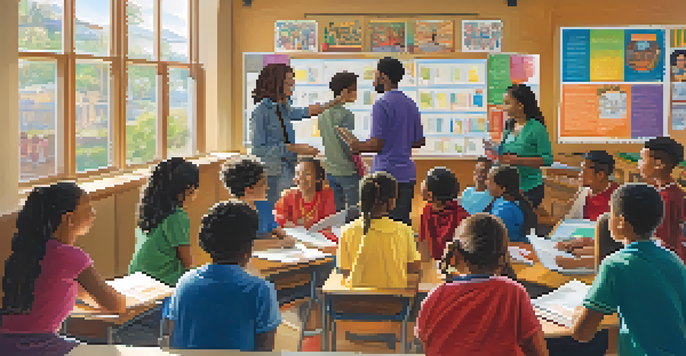 A vibrant classroom with diverse educators and students collaborating, with cultural posters on the walls and natural light coming through the windows.