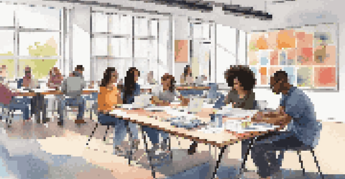 A group of diverse students working together on a project in a bright study area.