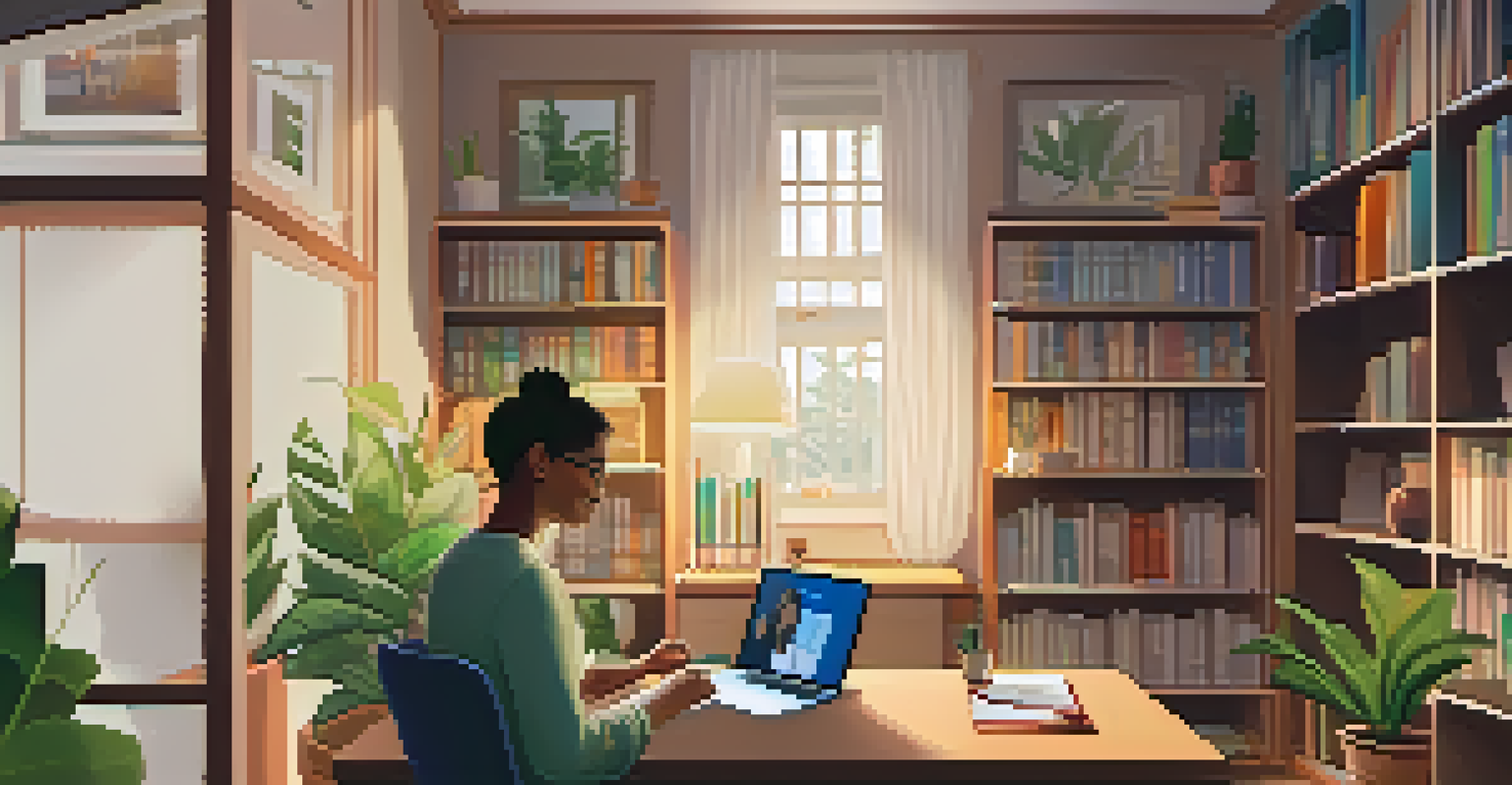 A student participating in a virtual meeting at home, surrounded by books and plants, with a warm and cozy atmosphere.