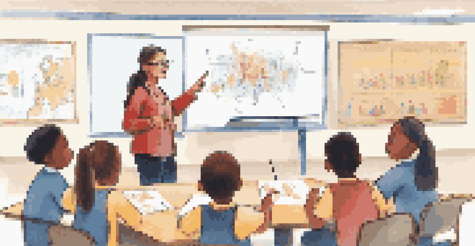 A teacher guiding a group of students in a collaborative project in an engaging classroom setting.
