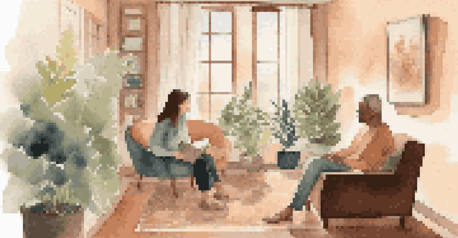 A counseling session in a cozy room with a mental health professional and an individual engaged in conversation.