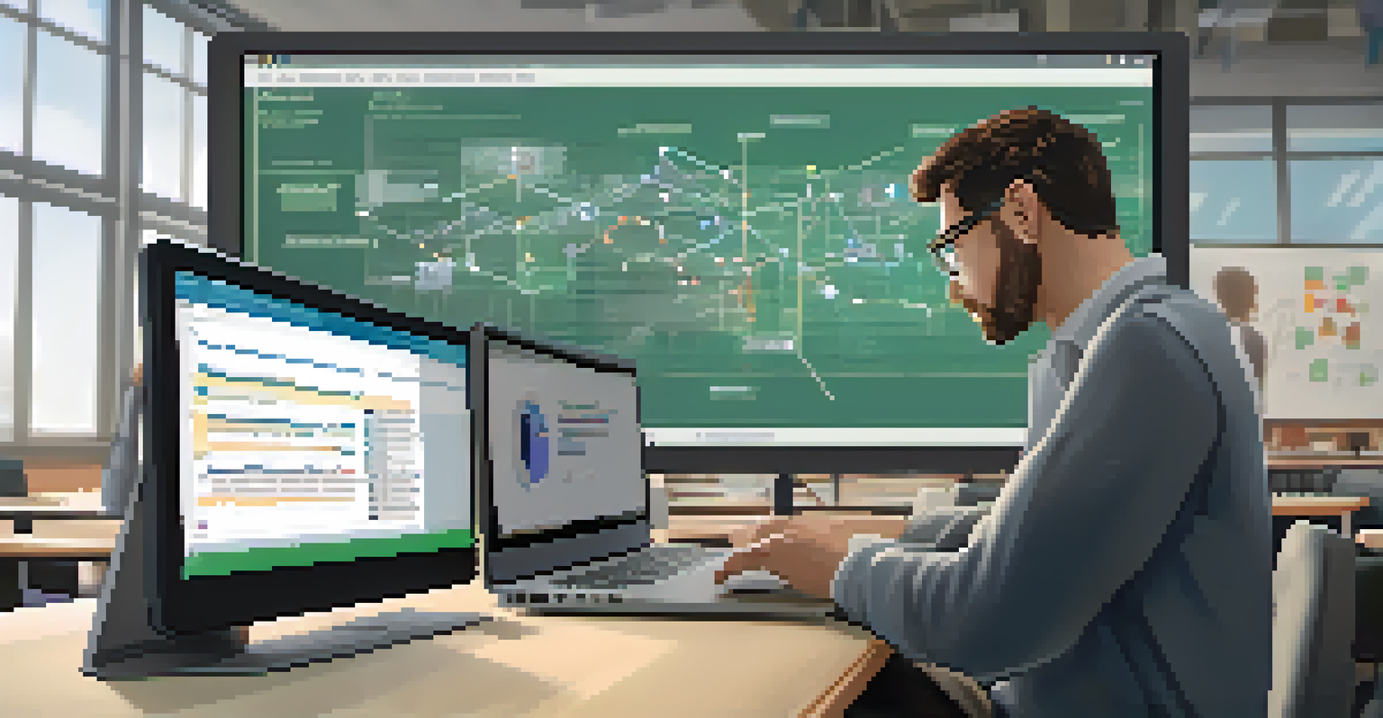 A teacher analyzing student performance data on a laptop in a modern classroom, with students collaborating in the background.