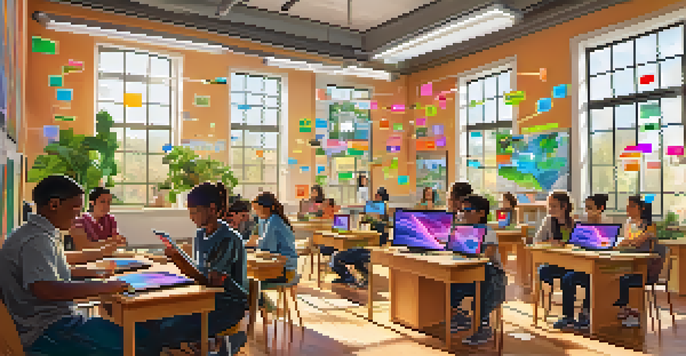 A classroom with students using tablets to engage with augmented reality content, visualizing molecular structures in a bright and colorful environment.