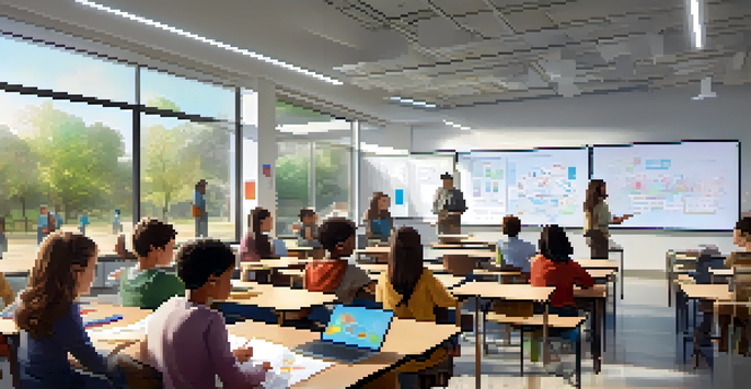 A bright classroom filled with diverse students using AI learning tools, engaged in collaborative learning.