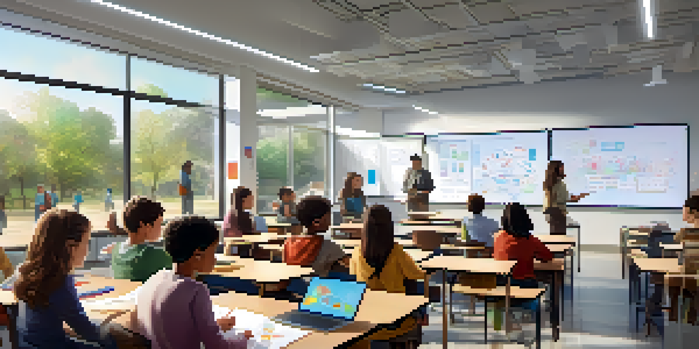 A bright classroom filled with diverse students using AI learning tools, engaged in collaborative learning.