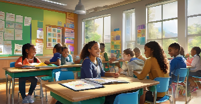 A vibrant classroom with a teacher engaging with diverse students in a collaborative setting, filled with natural light and colorful educational materials.