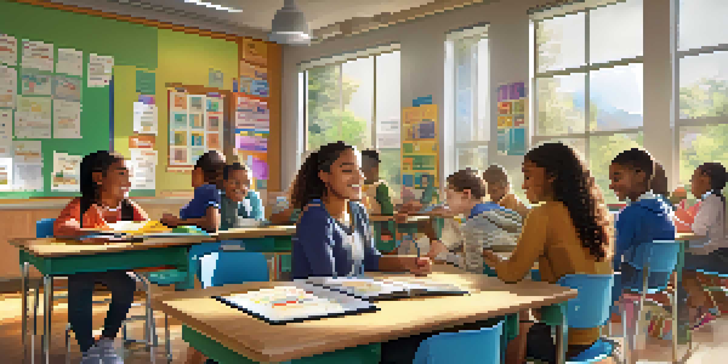 A vibrant classroom with a teacher engaging with diverse students in a collaborative setting, filled with natural light and colorful educational materials.