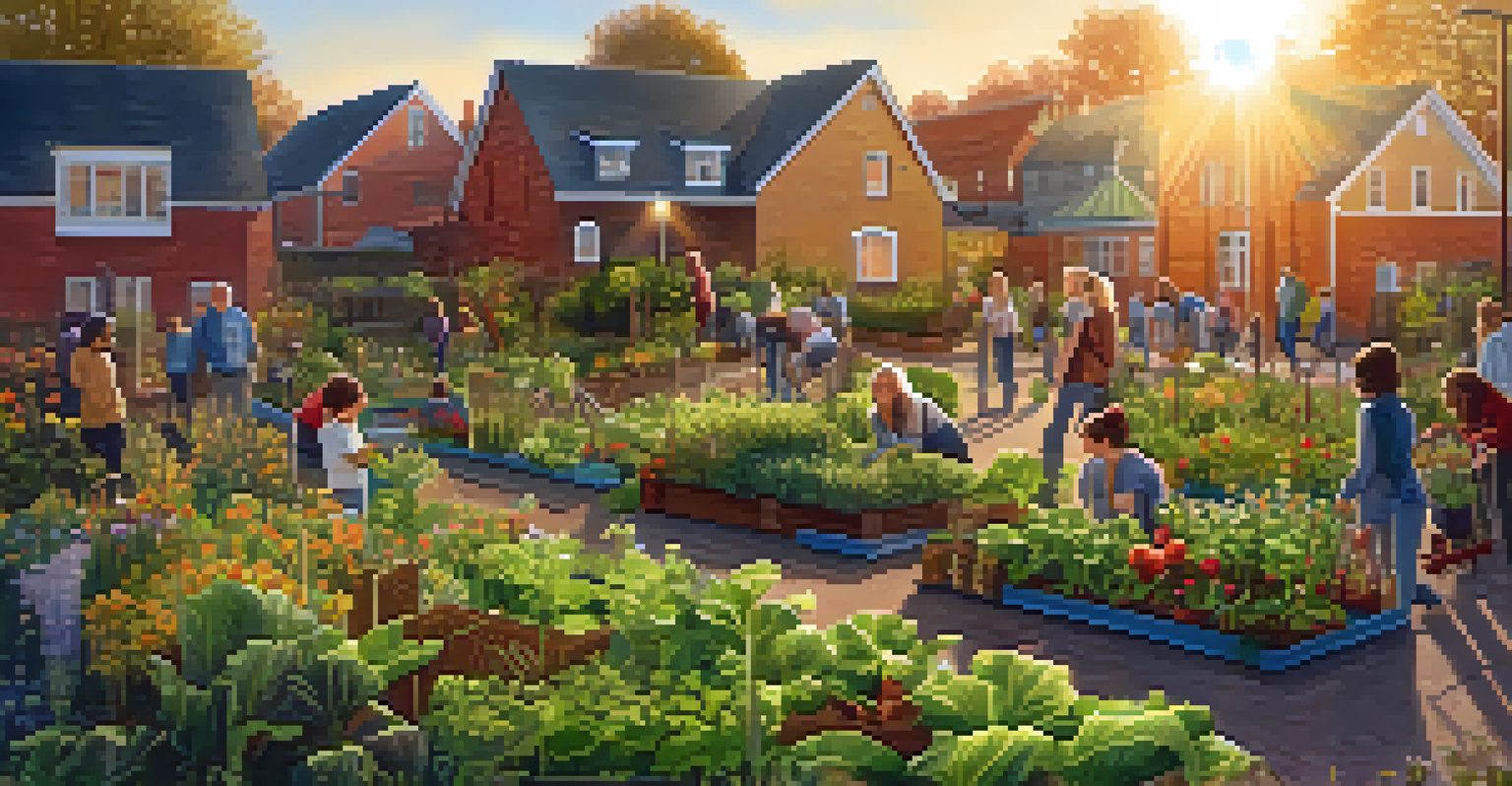 A community garden where people of various ages plant flowers and vegetables together, with a sunset in the background and a sign promoting sustainability.