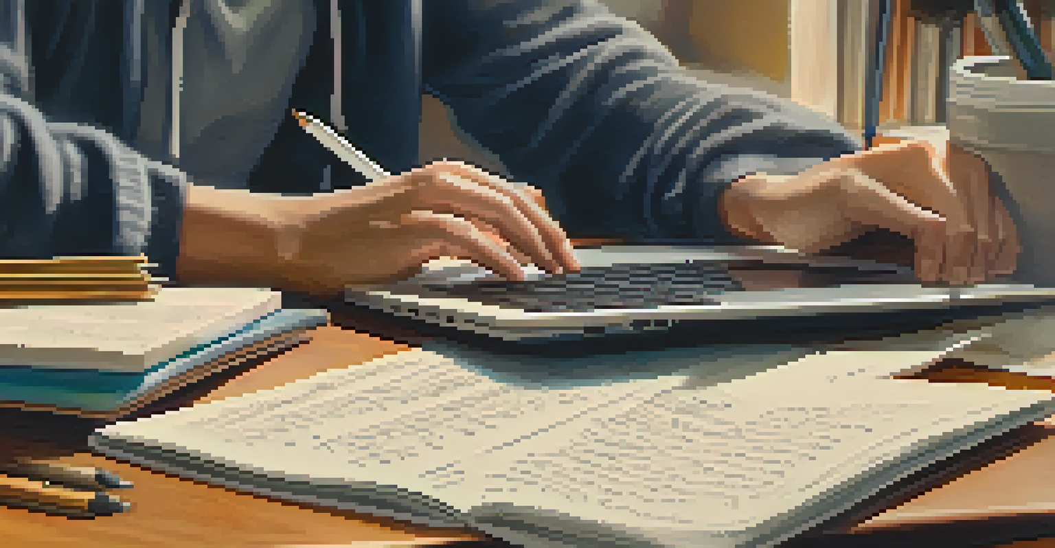A student's hands typing on a laptop surrounded by notes and digital devices in a cozy study environment.