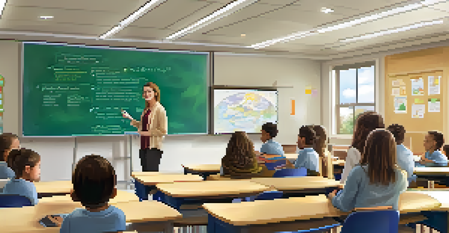 An educator using a digital whiteboard to teach students who are engaged with tablets, representing blended learning.