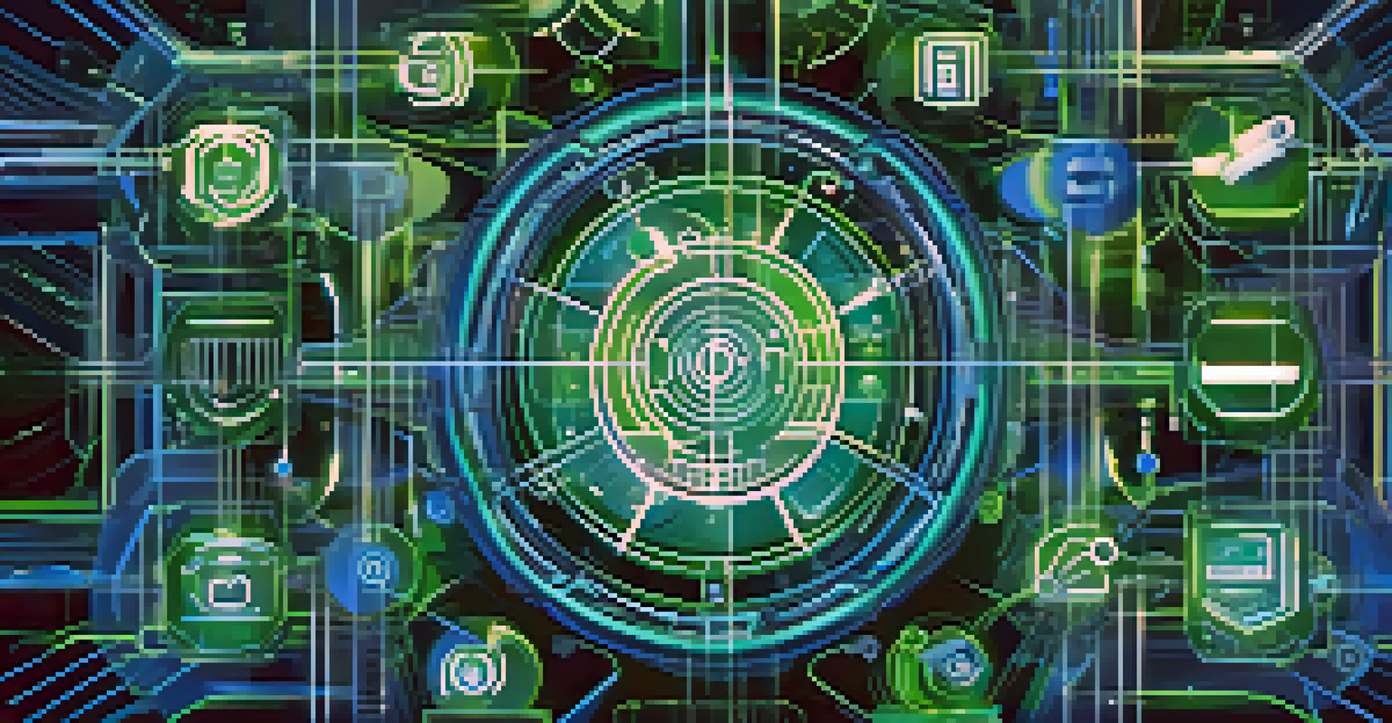 An abstract digital network of intellectual property symbols like patents and copyrights, in glowing blue and green colors.