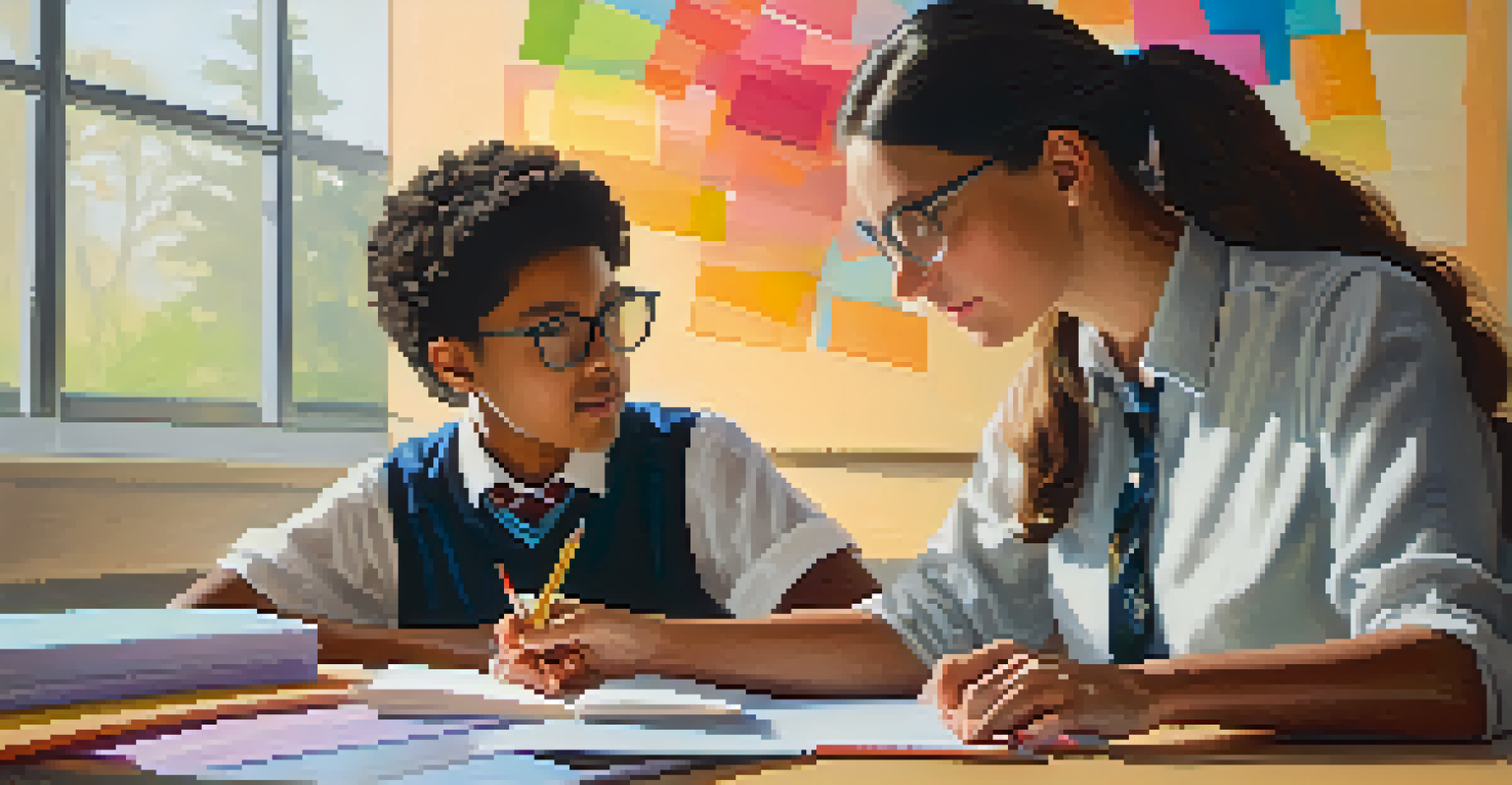 A teacher and a student reviewing a learning plan at a desk, with a focus on their interaction.