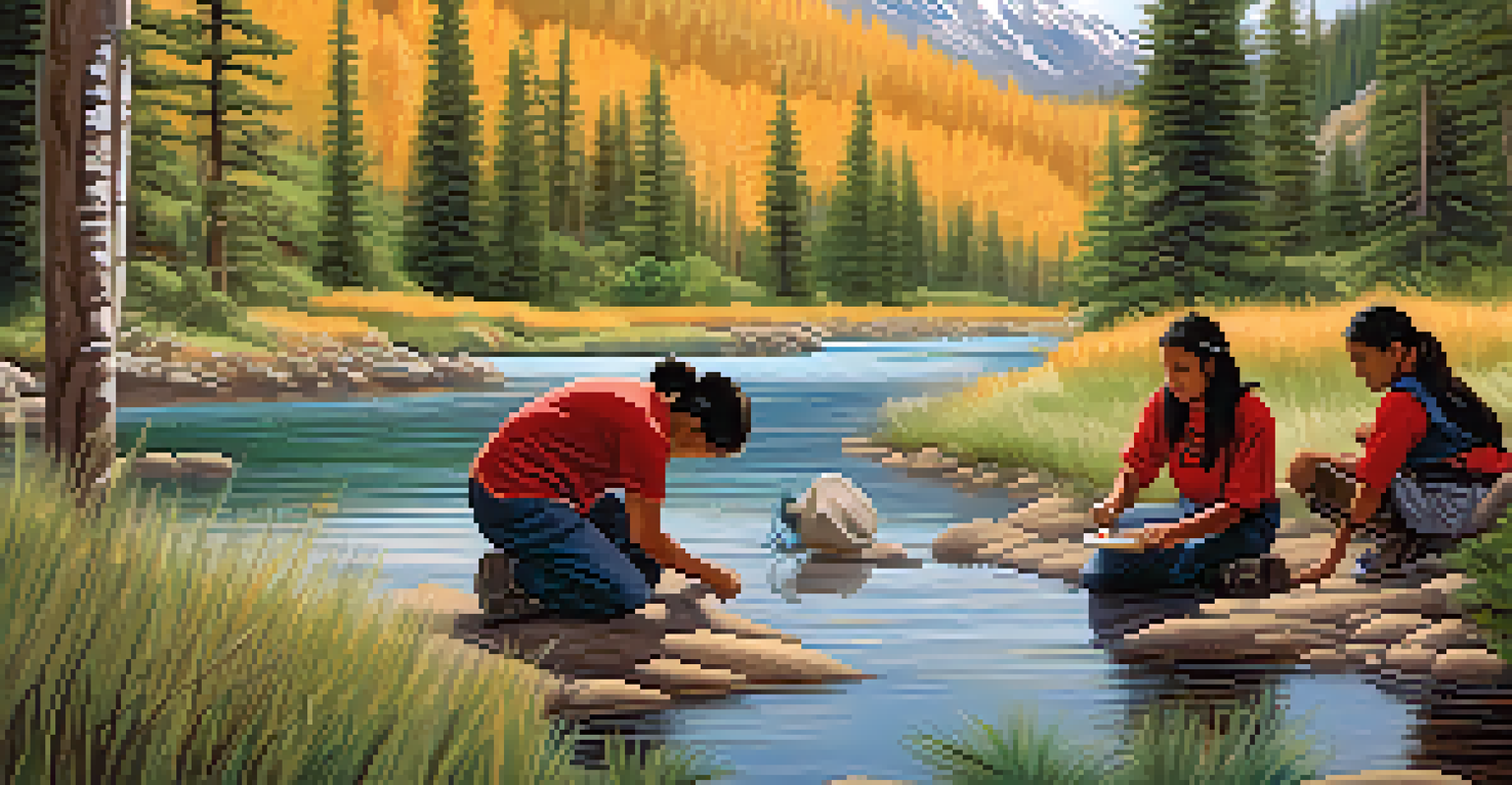 Indigenous youth engaged in a land-based learning activity by a river in a picturesque landscape, highlighting the integration of culture and STEM education.