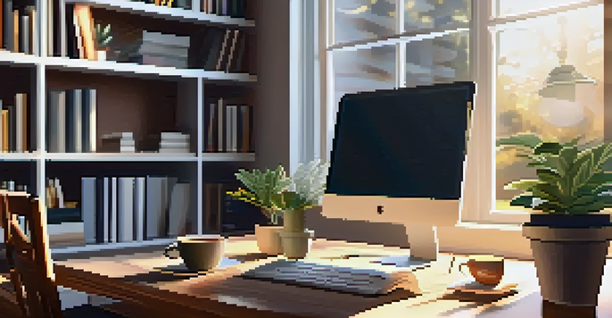 A warm and inviting home office with a modern desk, laptop, books, and a plant, illuminated by sunlight.