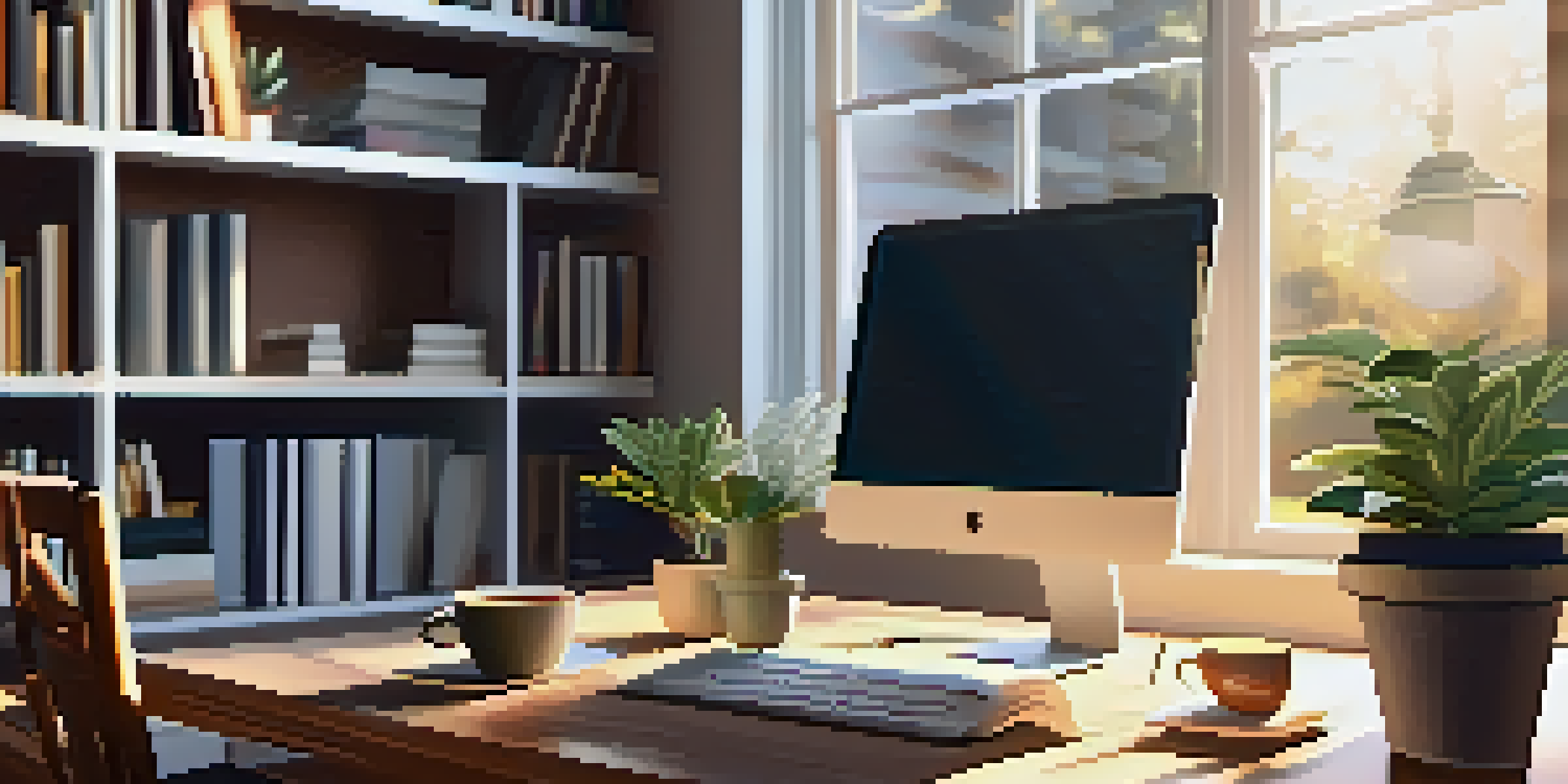 A warm and inviting home office with a modern desk, laptop, books, and a plant, illuminated by sunlight.