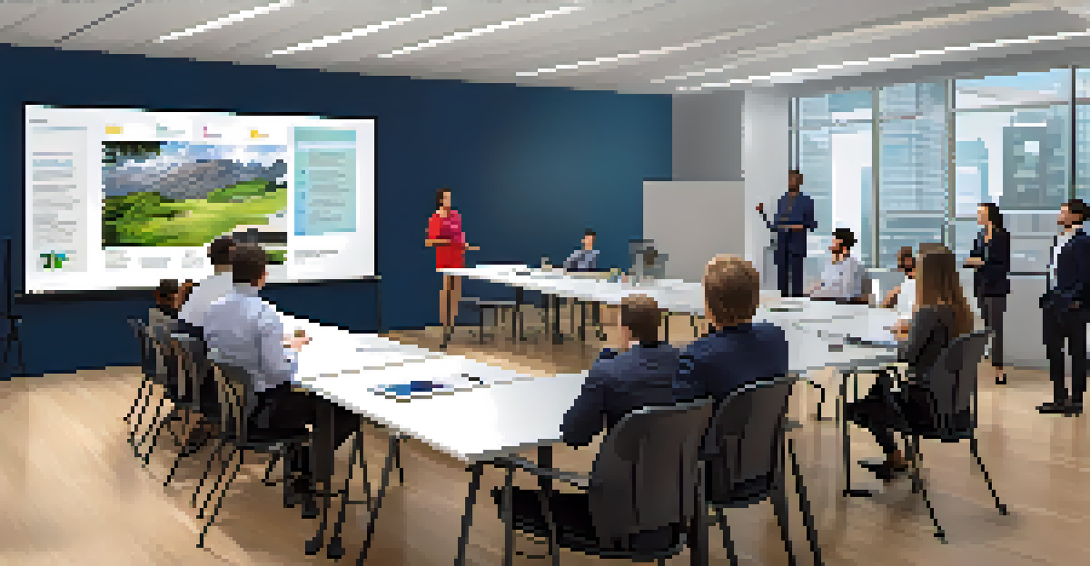 Employees in a corporate training room actively engaged in a digital storytelling session, with a large screen displaying a narrative.