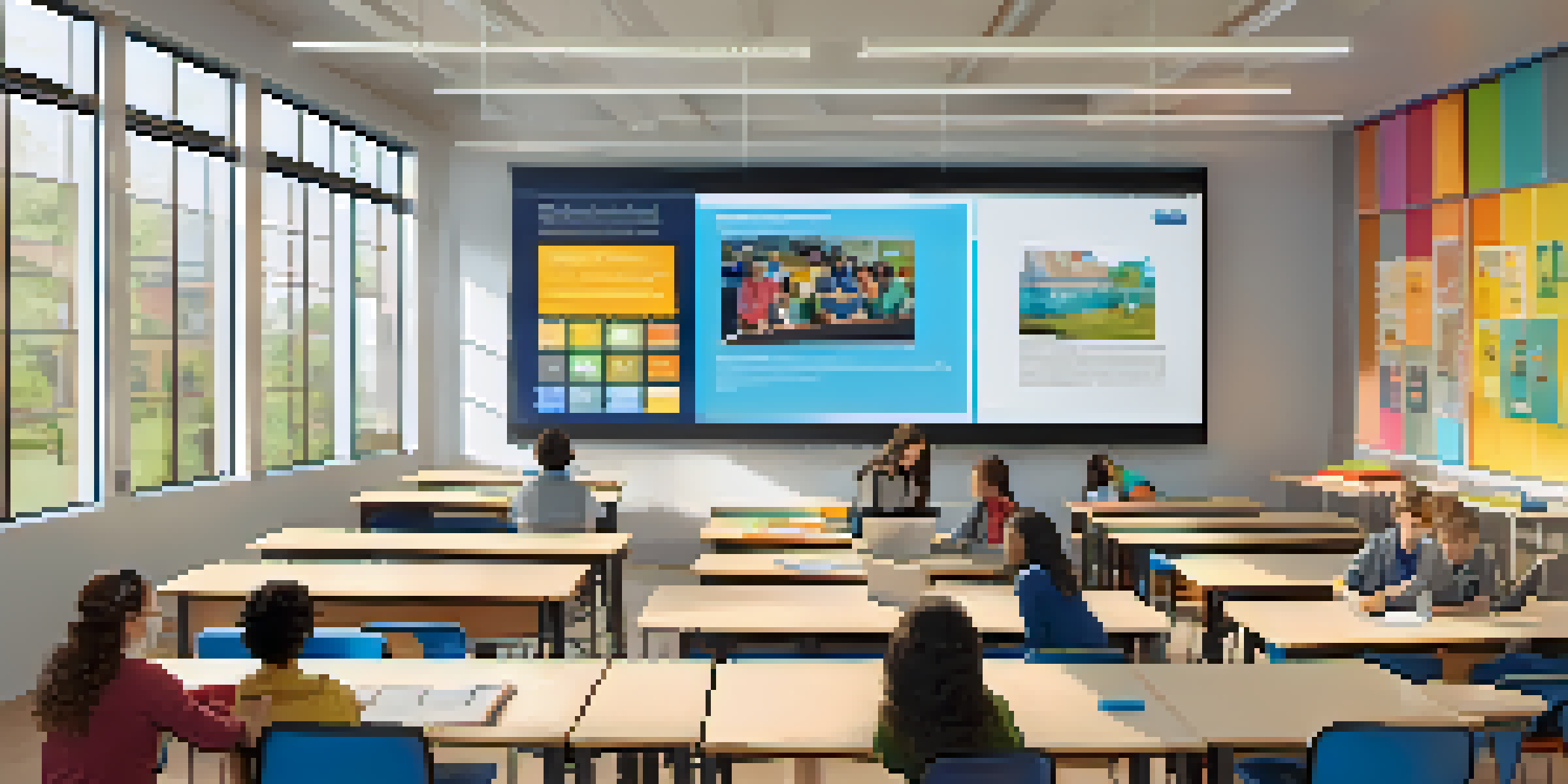 A hybrid classroom with students in-person and others joining online, showcasing a blend of traditional and digital learning.