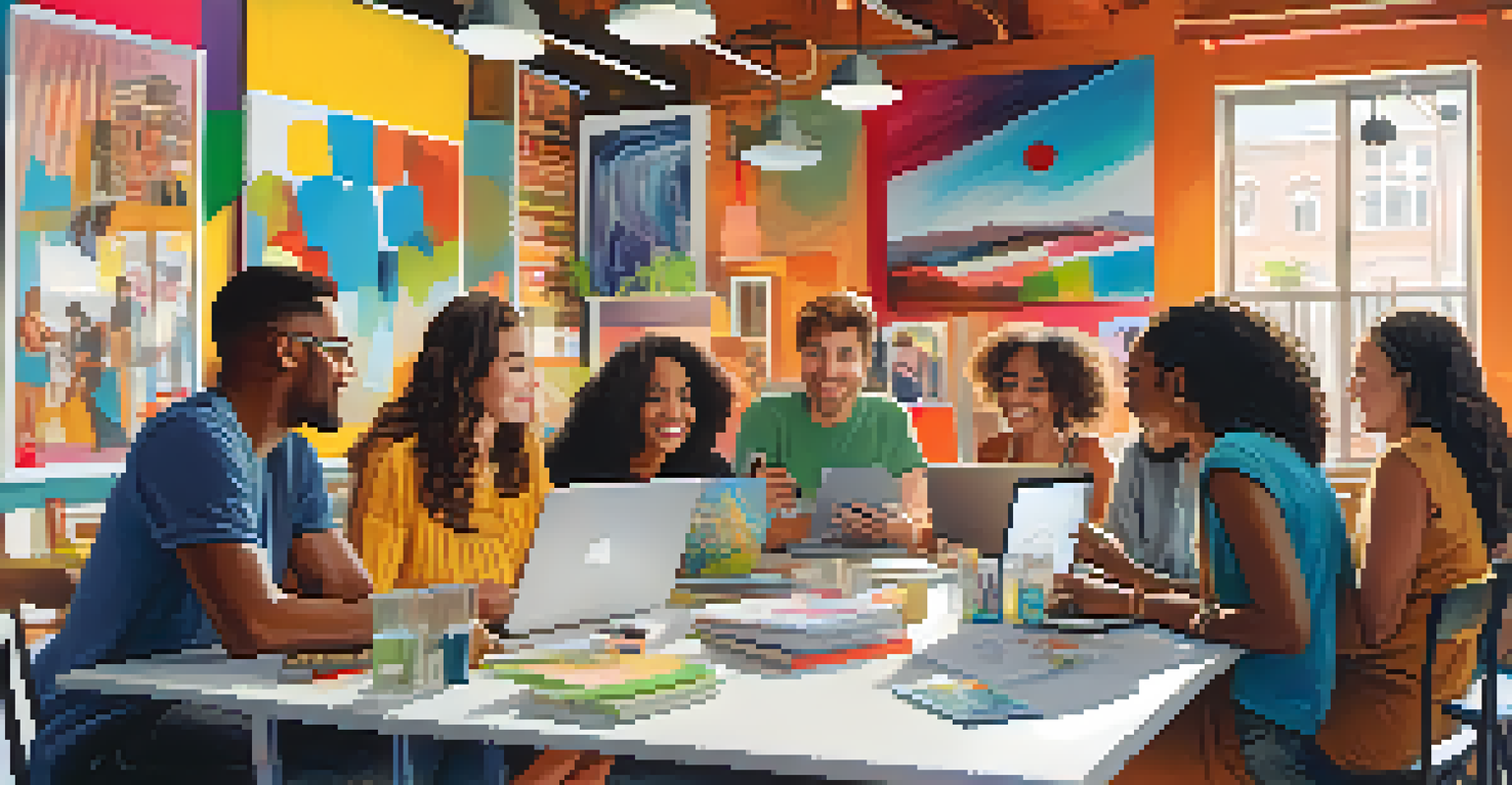 A group of friends discussing ideas in a cafe, surrounded by books and laptops, creating a collaborative learning environment.