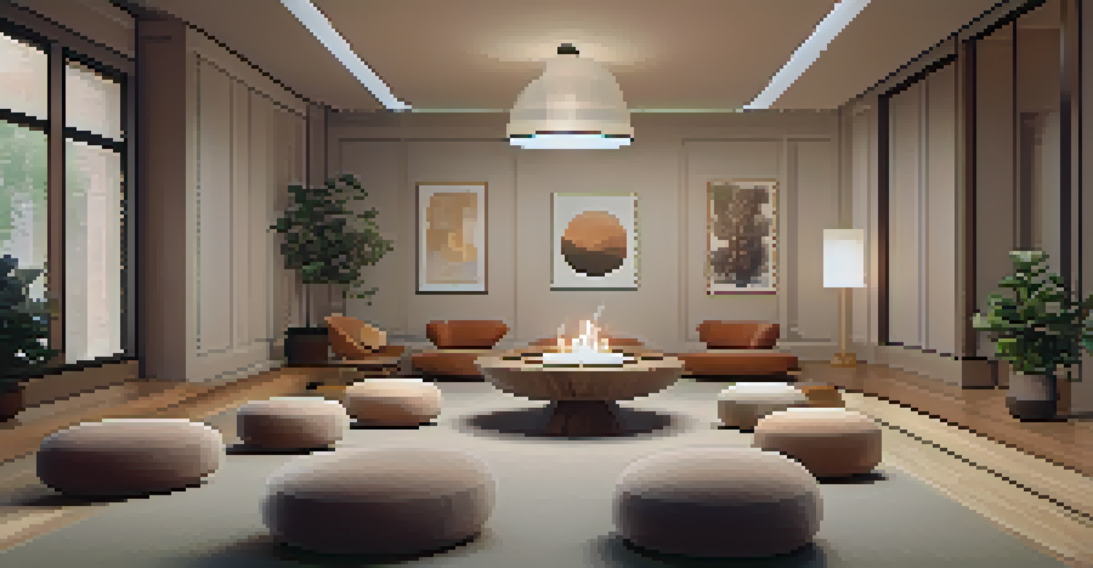 An inviting meeting space with soft lighting and plush seating where participants observe a moment of silence, promoting mindfulness.