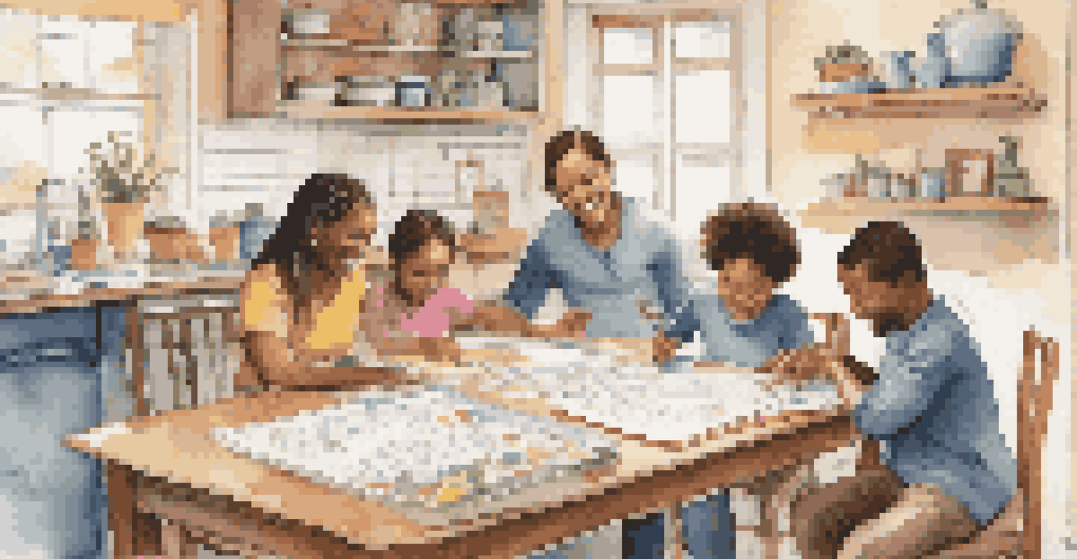 A family working together on a chore chart at a table, surrounded by colorful supplies and a warm atmosphere.