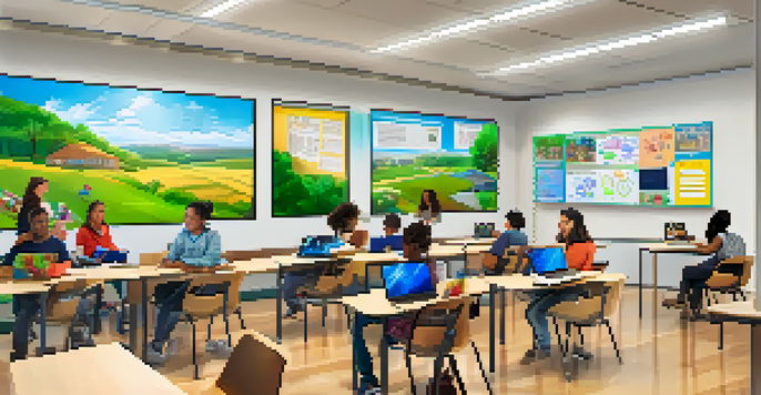 A colorful digital classroom with diverse students engaged in discussions and collaborating on projects, highlighting interactivity in learning.