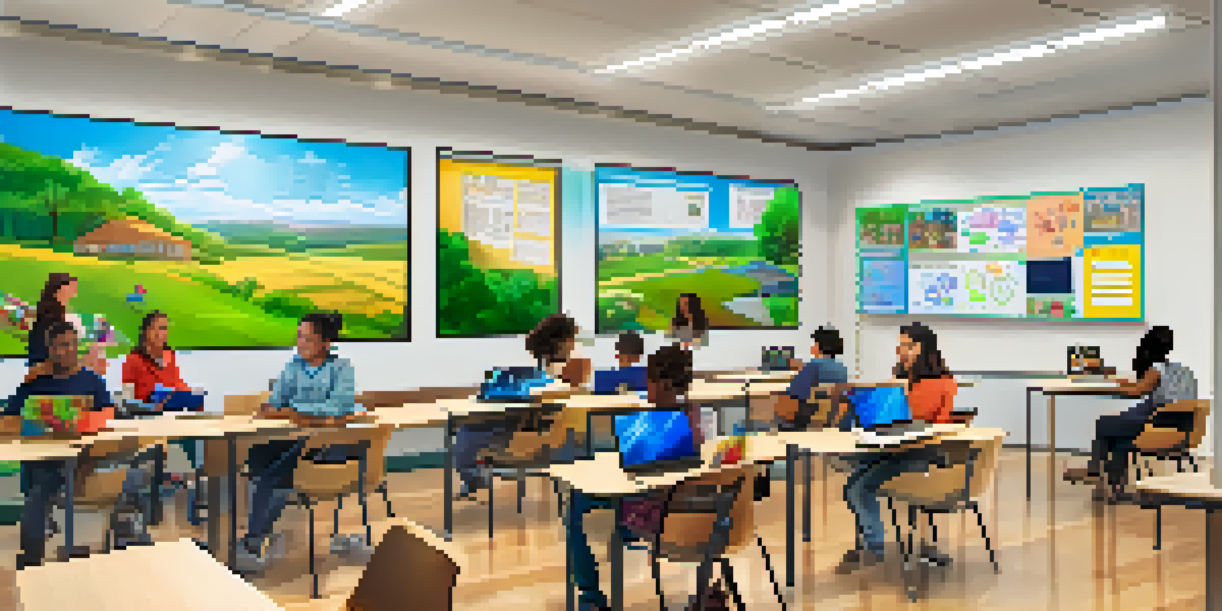 A colorful digital classroom with diverse students engaged in discussions and collaborating on projects, highlighting interactivity in learning.