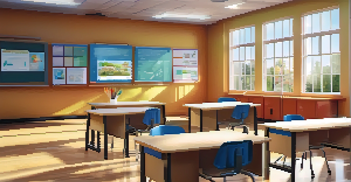 A modern classroom with students using digital devices and a teacher guiding a discussion, illuminated by natural light.