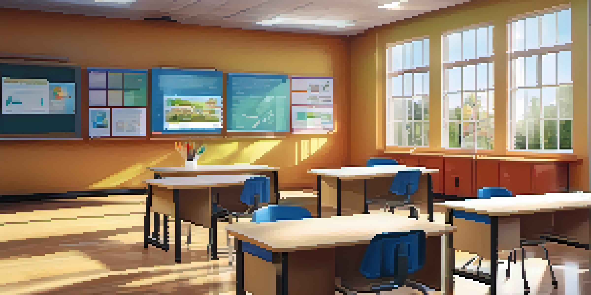 A modern classroom with students using digital devices and a teacher guiding a discussion, illuminated by natural light.