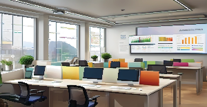 A modern office with a computer screen displaying a user-friendly LMS interface, featuring graphs and course modules.