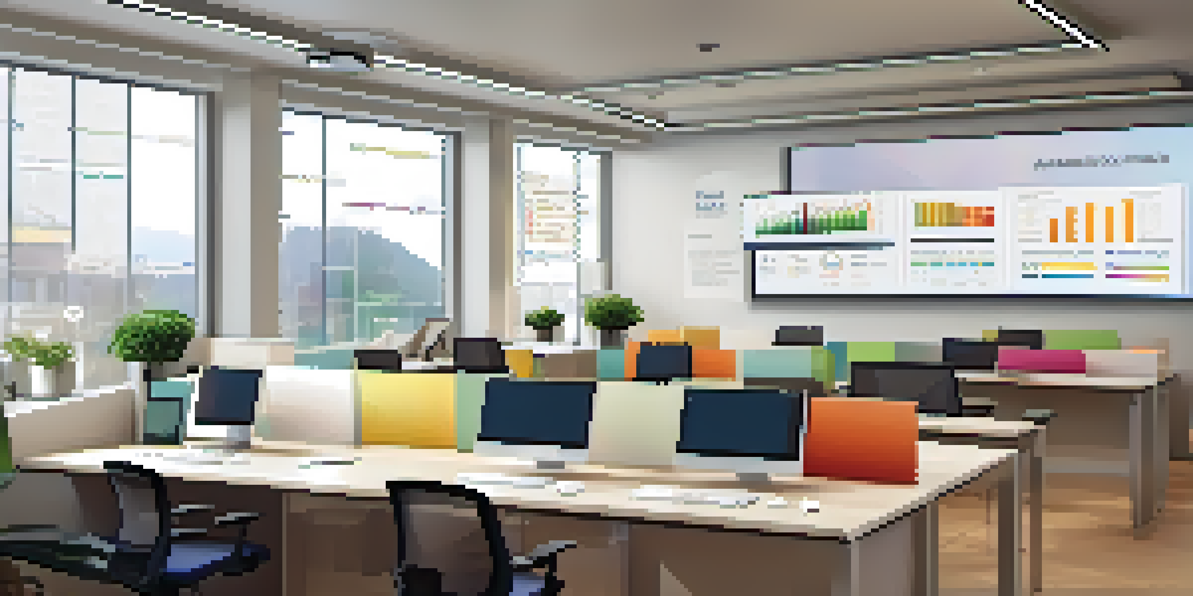 A modern office with a computer screen displaying a user-friendly LMS interface, featuring graphs and course modules.